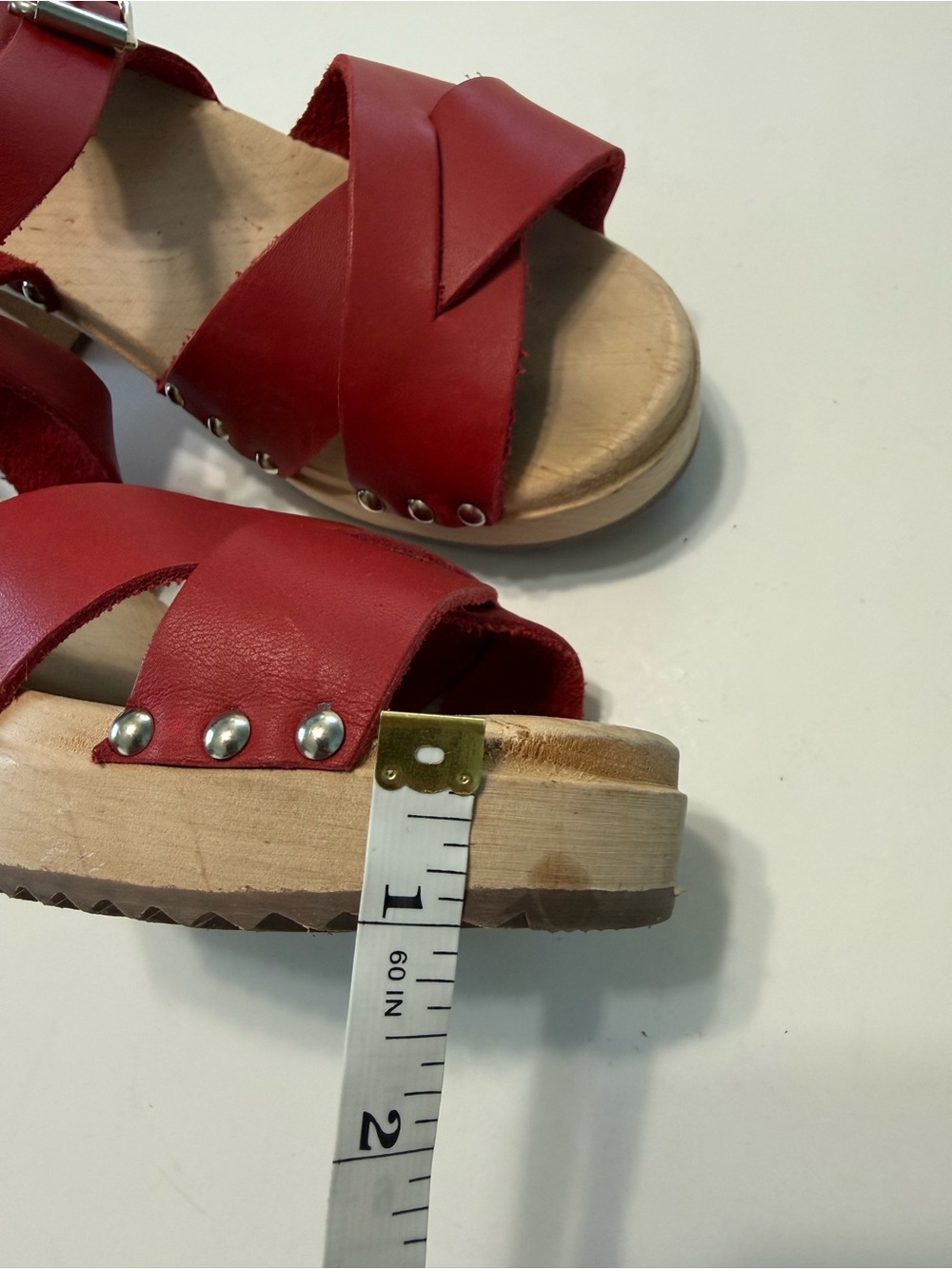 Mia Gertrude Red Leather Swedish Wooden Clog Sandals Open Toe Ankle Strap Sz 39 - Picture 9 of 16